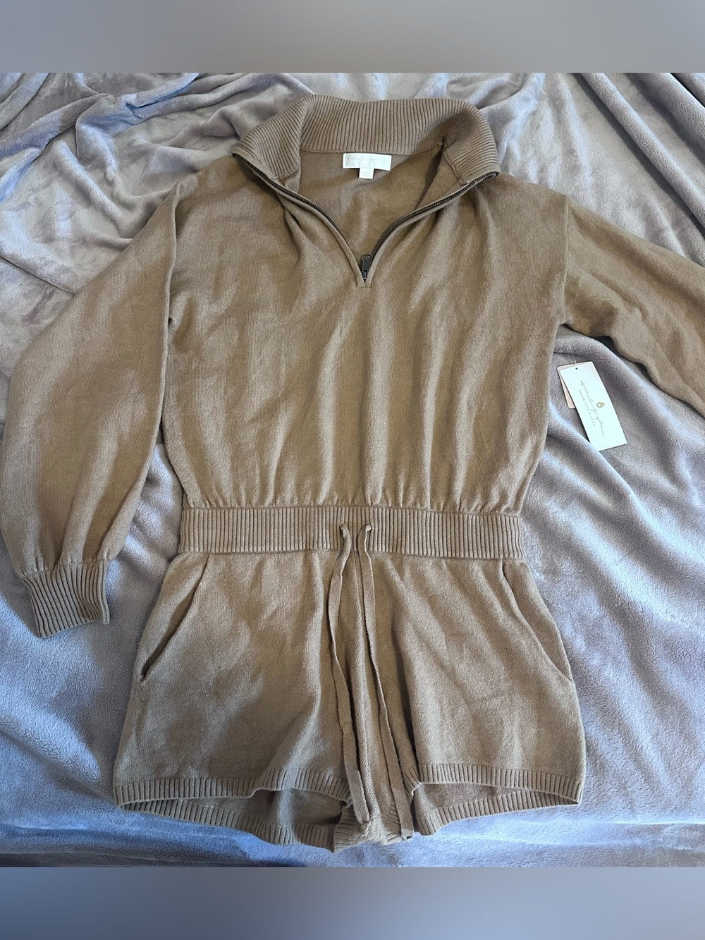 Spiritual Gangster -Taupe Knit Half-Zip Romper with Drawstring Waist